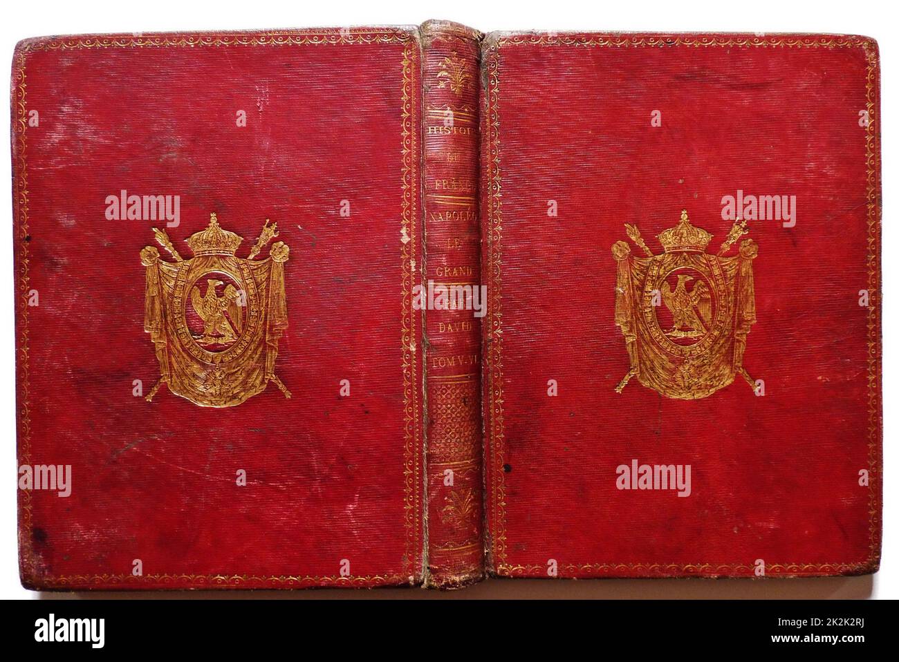 Geschichte Frankreichs, Napoleon I. ('Napoleon le Grand') von David Cover aus rotem Marokko-Leder mit Wappen. Stockfoto
