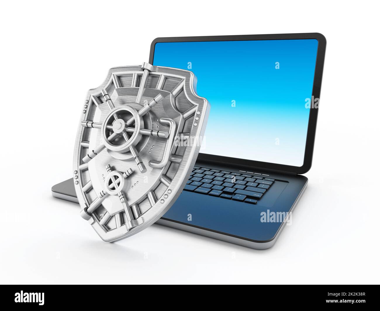 Eiserner Schutz für Laptop-Computer. 3D Abbildung Stockfoto