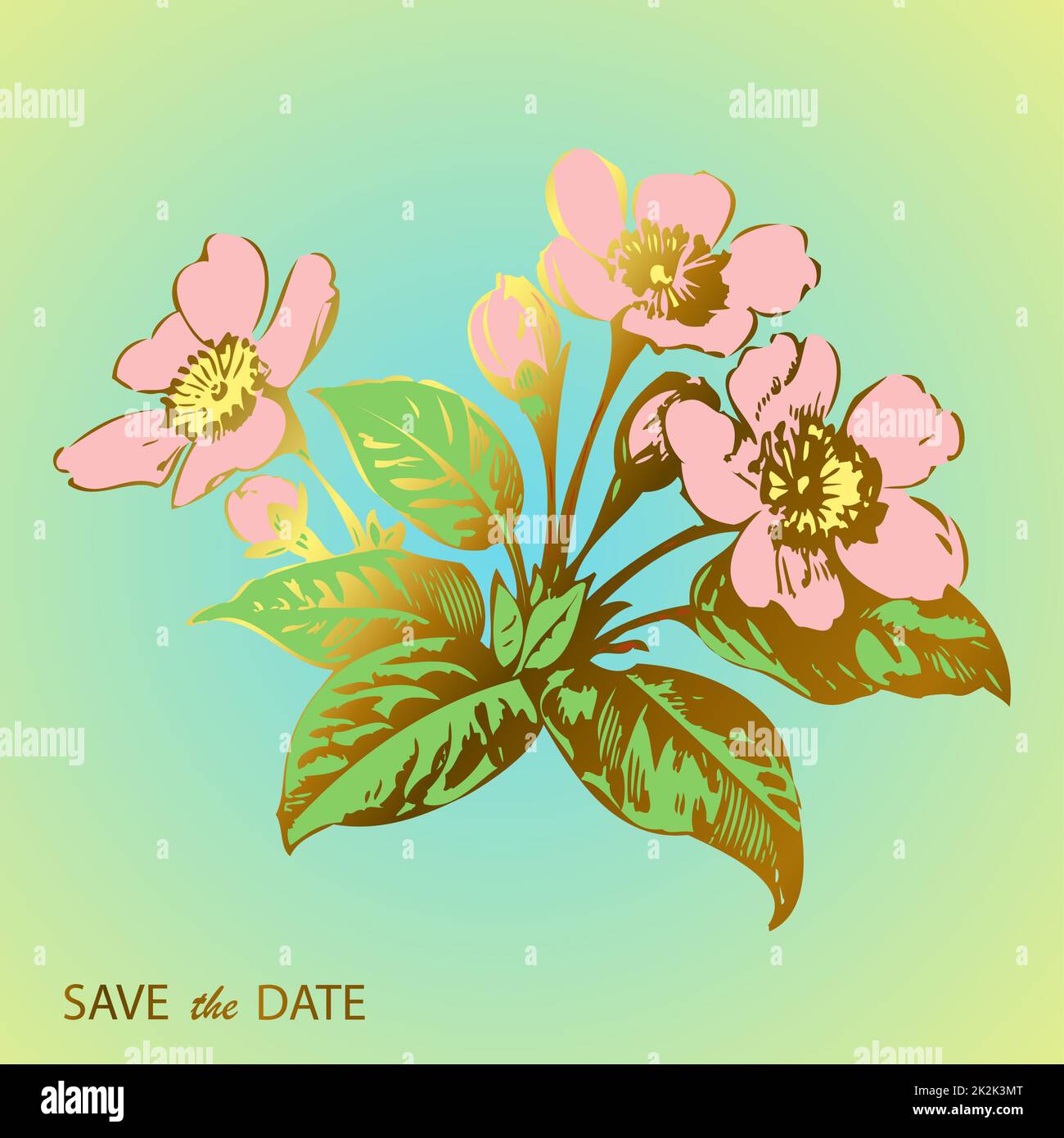 Handgezeichnete Sakurblüten und Blätter auf Zweigen. Design der botanischen Hochzeitseinladungskarte. Klassischer Kirschbaum mit hellblauem goldenem Hintergrund. Retro-Style. Vektordarstellung Stockfoto