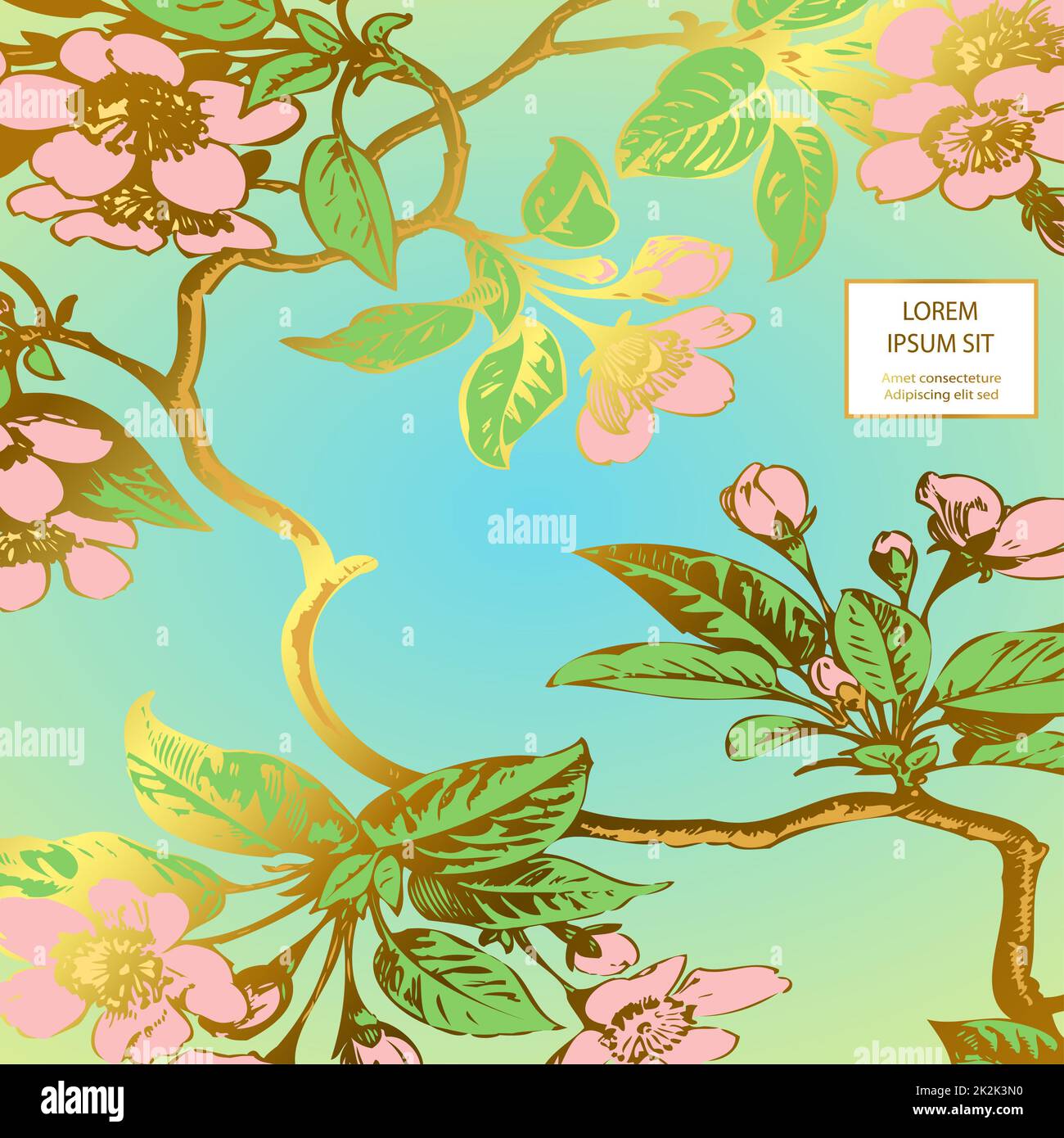 Handgezeichnete Sakurblüten und Blätter auf Zweigen. Design der botanischen Hochzeitseinladungskarte. Klassischer Kirschbaum mit hellblauem goldenem Hintergrund. Retro-Style. Vektordarstellung Stockfoto