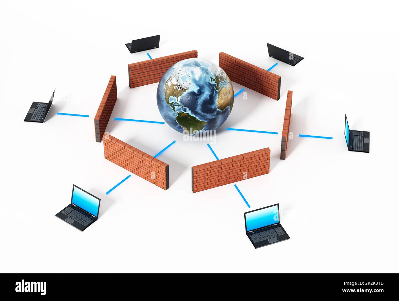 Durch Firewall geschützte Laptops. 3D Abbildung Stockfoto