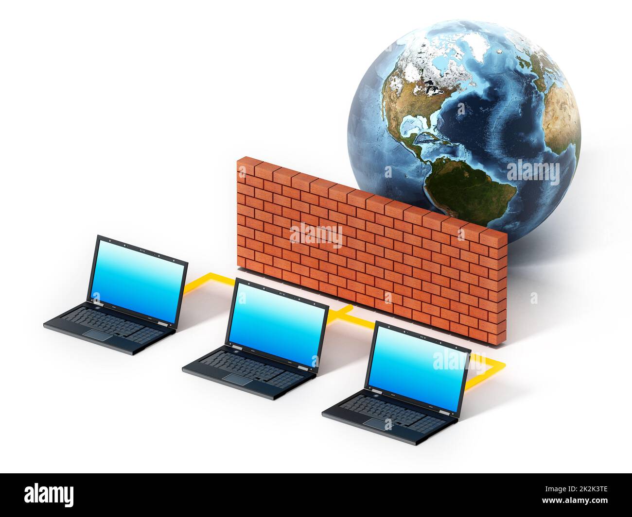Durch Firewall geschützte Laptops. 3D Abbildung Stockfoto