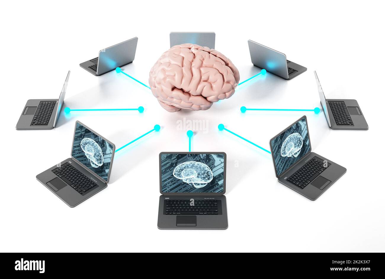 Das Gehirn ist mit den Laptopcomputern verbunden. 3D Abbildung Stockfoto