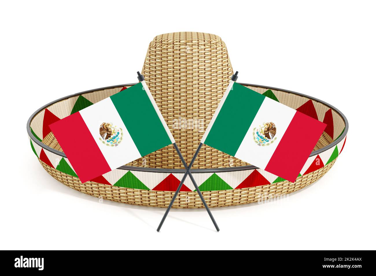 Mexikanischer Hut oder Sombrero und mexikanische Flaggen isoliert auf weißem Hintergrund. 3D Abbildung Stockfoto