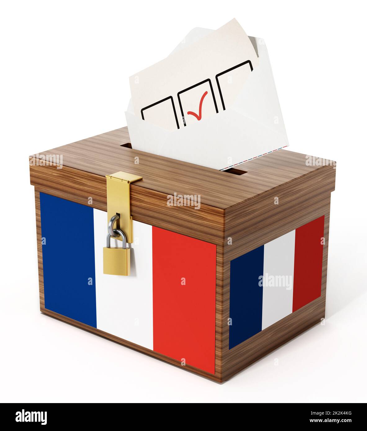 Strukturierte Wahlurne und Umschlag mit französischer Flagge. 3D Abbildung Stockfoto