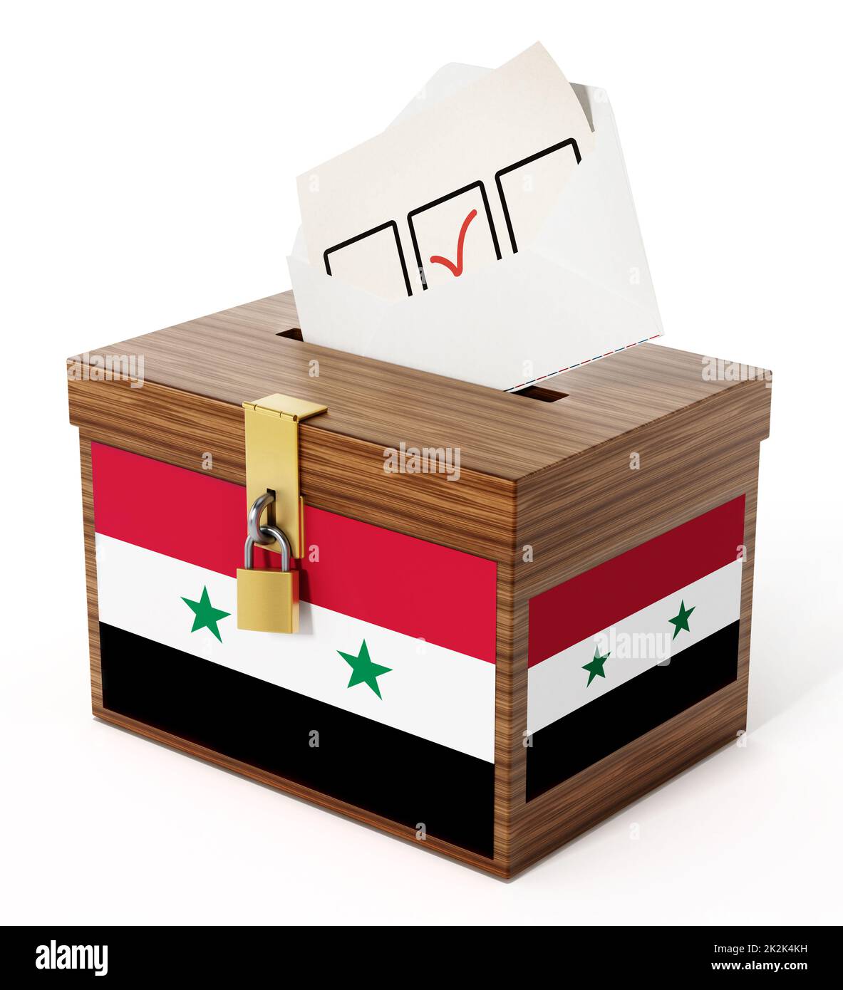 Strukturierte Wahlurne und Umschlag mit syrischer Flagge. 3D Abbildung Stockfoto