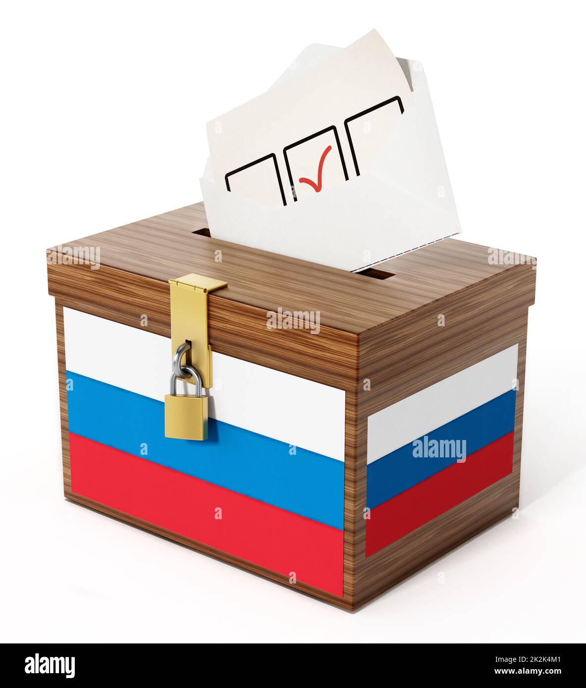 Russische Flagge, strukturierte Wahlurne und Umschlag. 3D Abbildung Stockfoto