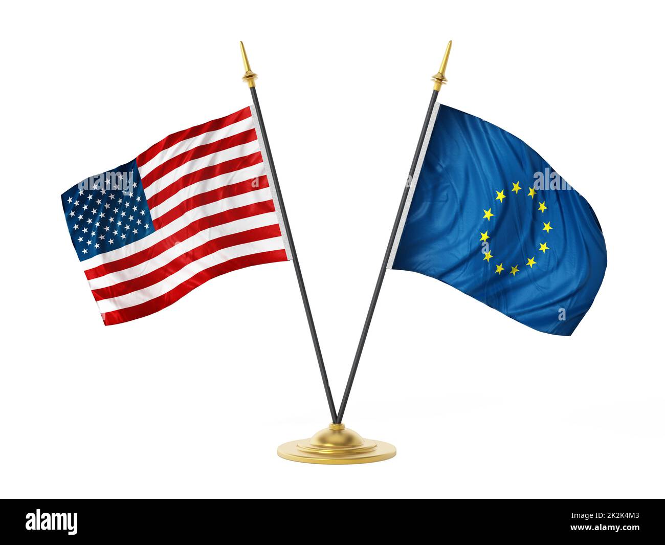 Desktop-Flags der Vereinigten Staaten von Amerika und der Europäischen Union. 3D Abbildung Stockfoto