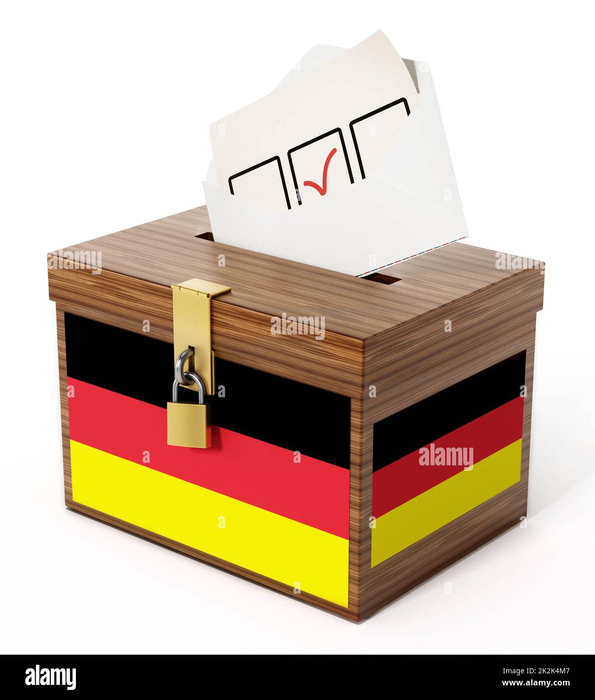 Strukturierte Wahlurnen und Umschläge mit deutscher Flagge. 3D Abbildung Stockfoto