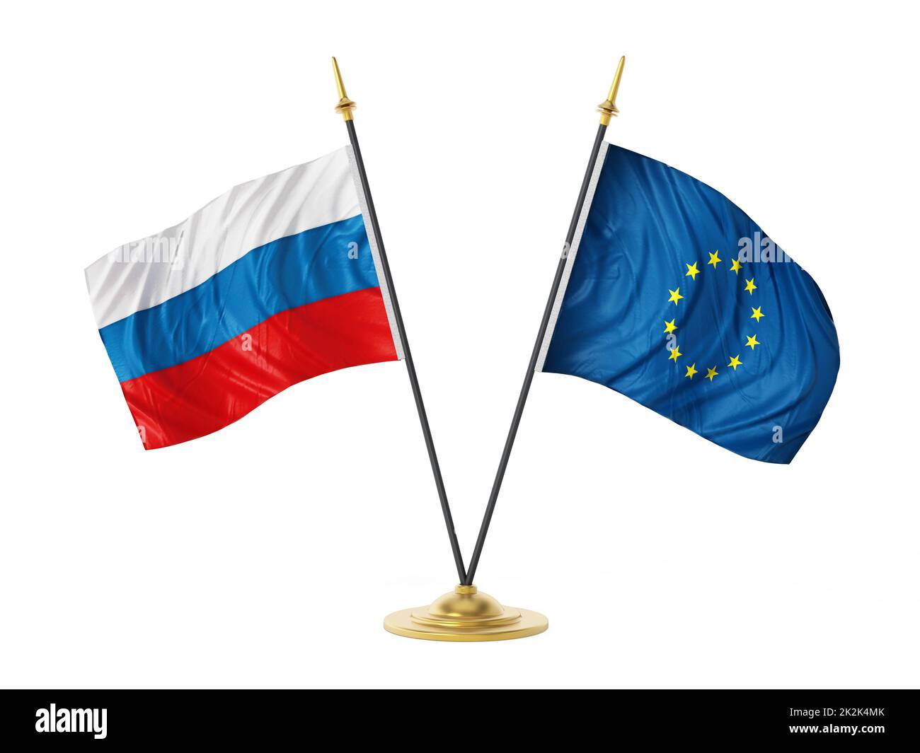 Desktopflaggen Russlands und der Europäischen Union. 3D Abbildung Stockfoto