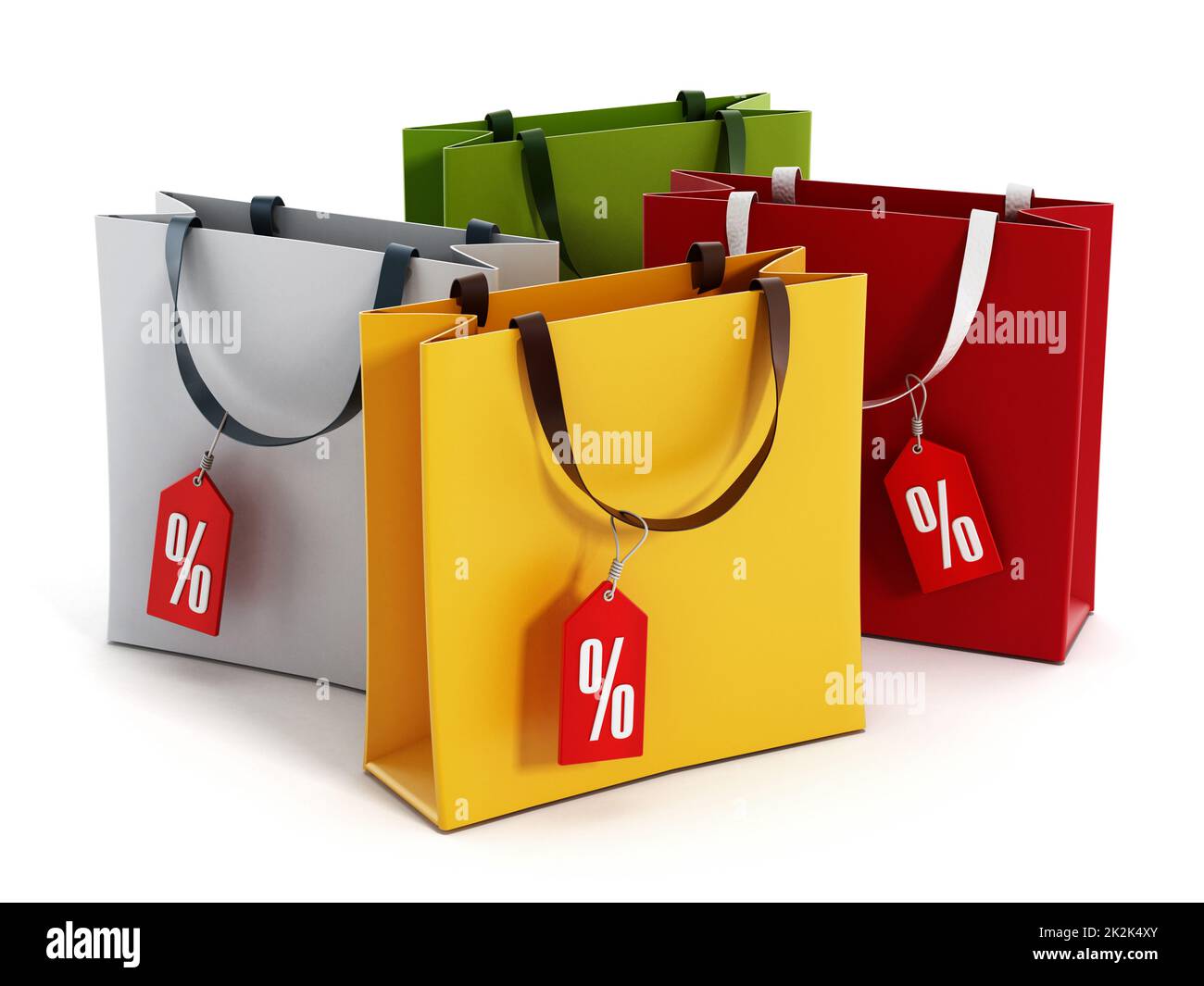 Mehrfarbige Einkaufstaschen mit Verkaufsetiketten. 3D Abbildung Stockfoto