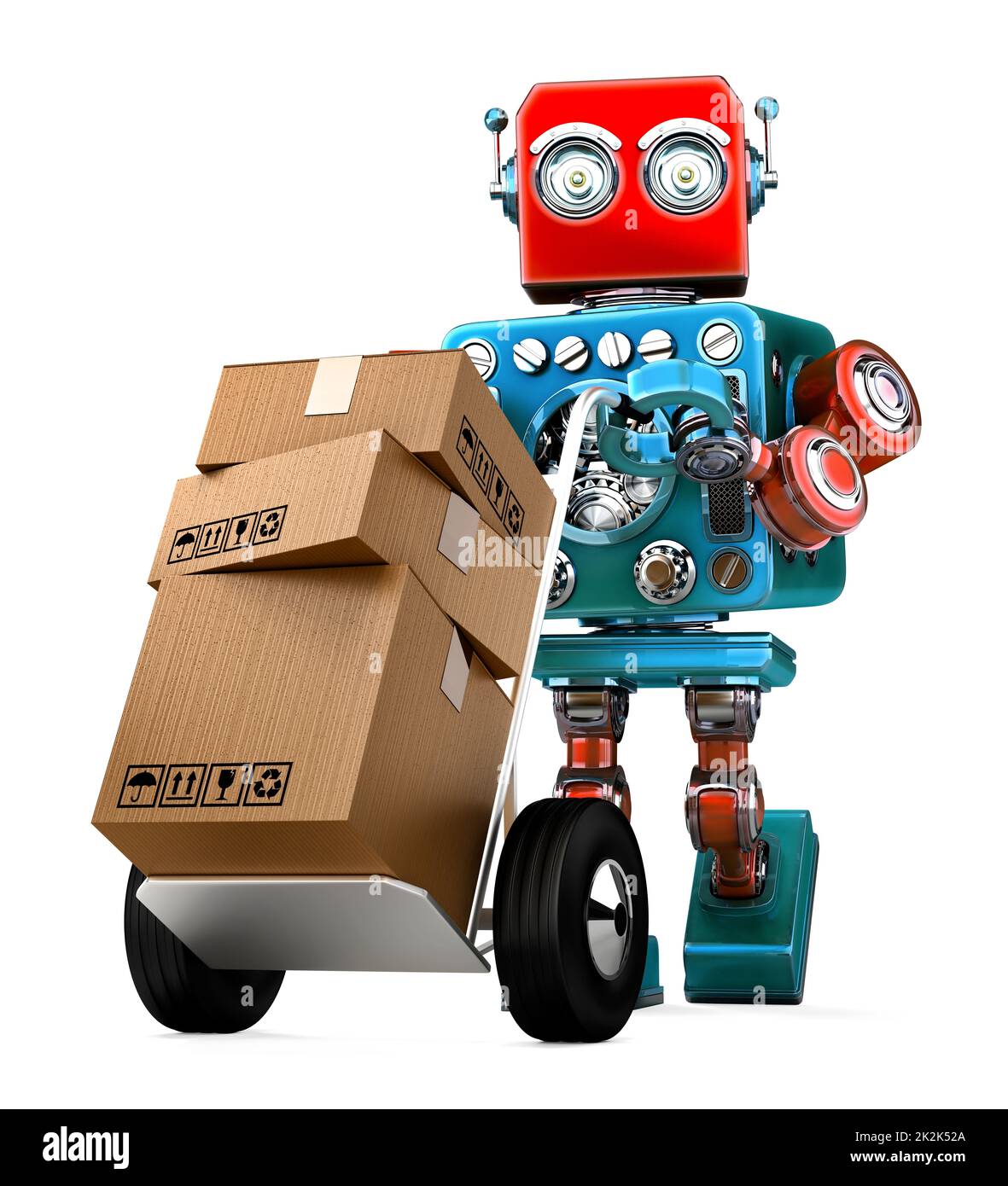 Retro-Roboter schiebt einen Handwagen mit Kisten. Isoliert. Enthält Beschneidungspfad Stockfoto