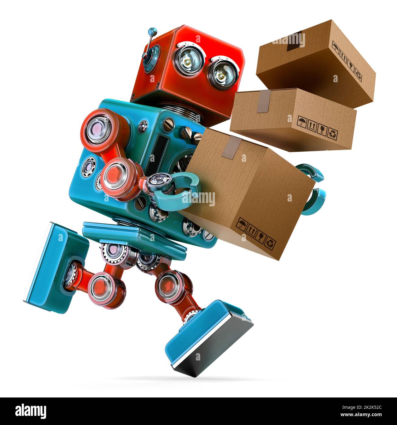 Der Roboter hat es eilig, ein Paket zu liefern. Paketservice. Isoliert. Enthält Beschneidungspfad Stockfoto