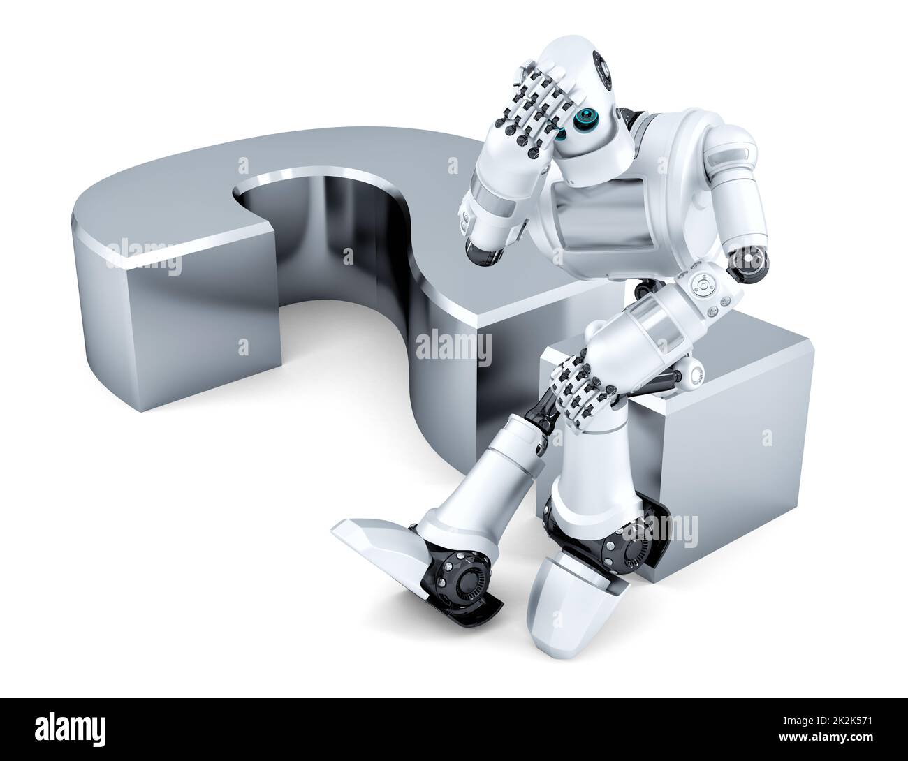 Trauriger, durchdachter Roboter, der auf einem Fragezeichen sitzt. Isoliert. Enthält Beschneidungspfad Stockfoto