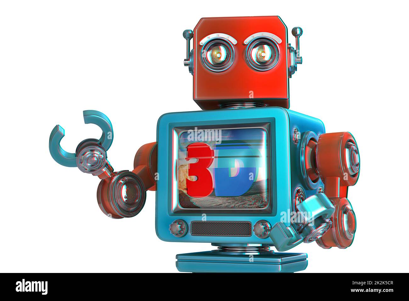 Roboter mit TV-Bildschirm. 3D TV-Konzeptbild. Isoliert. Enthält Beschneidungspfad Stockfoto
