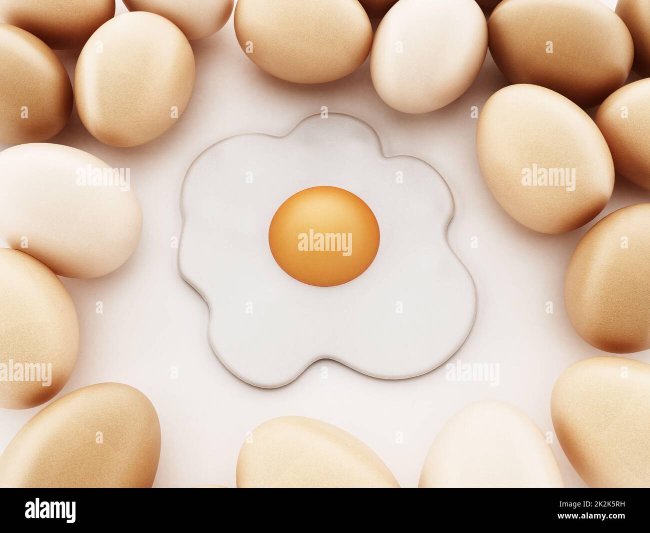 Spiegelei und rohe Eier, isoliert auf weißem Hintergrund. 3D Abbildung Stockfoto