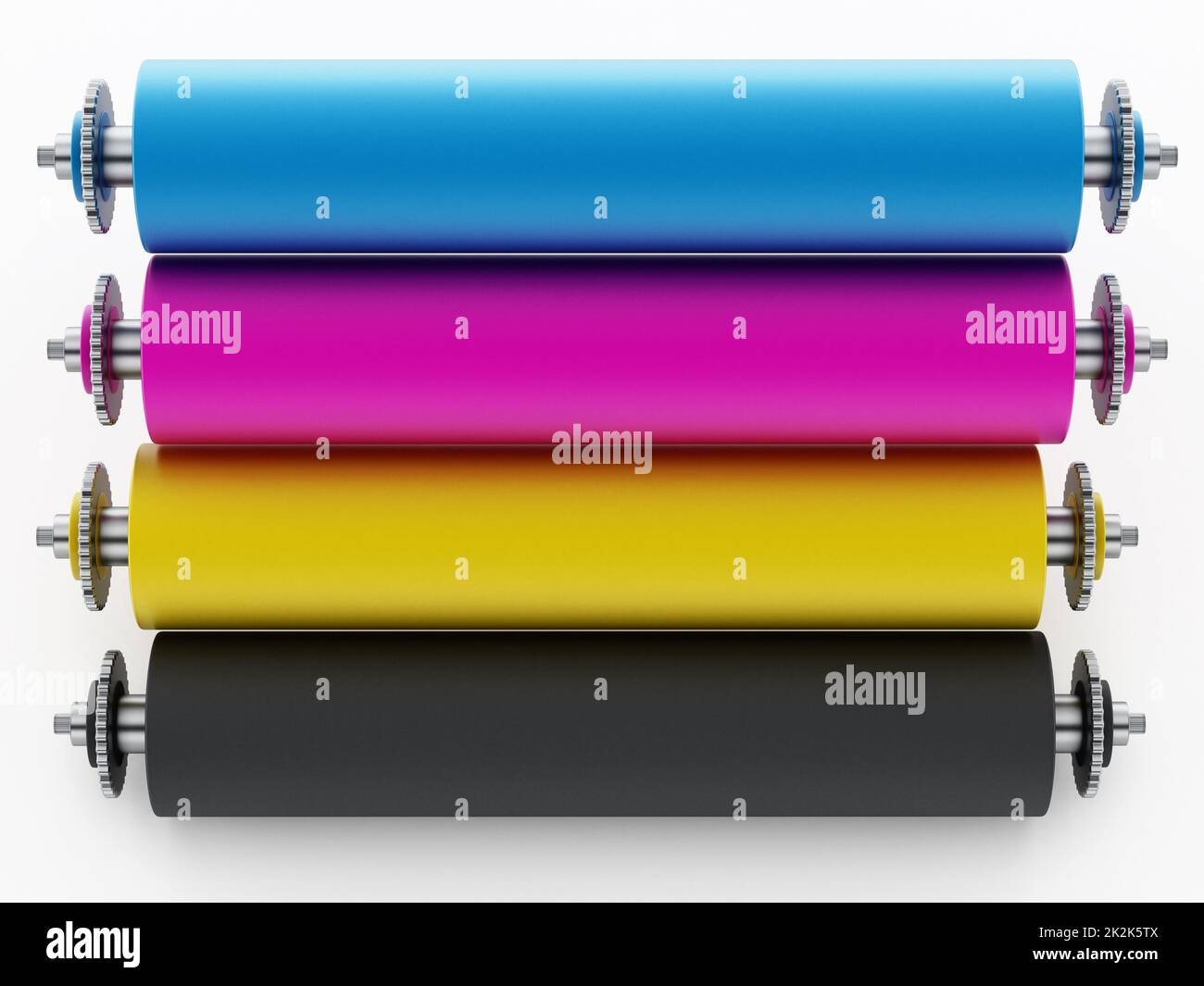 CMYK-Druckmaschine mit Testdruck. 3D Abbildung Stockfoto