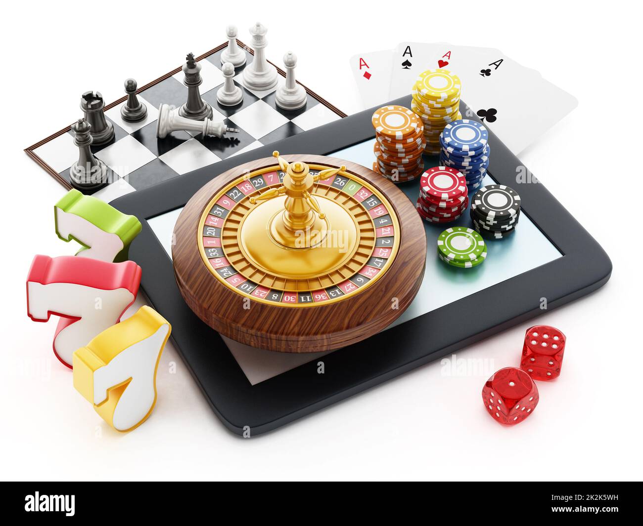 Tablet-Computer, Spielkarten, Roulette, Chips, Würfel. Stockfoto