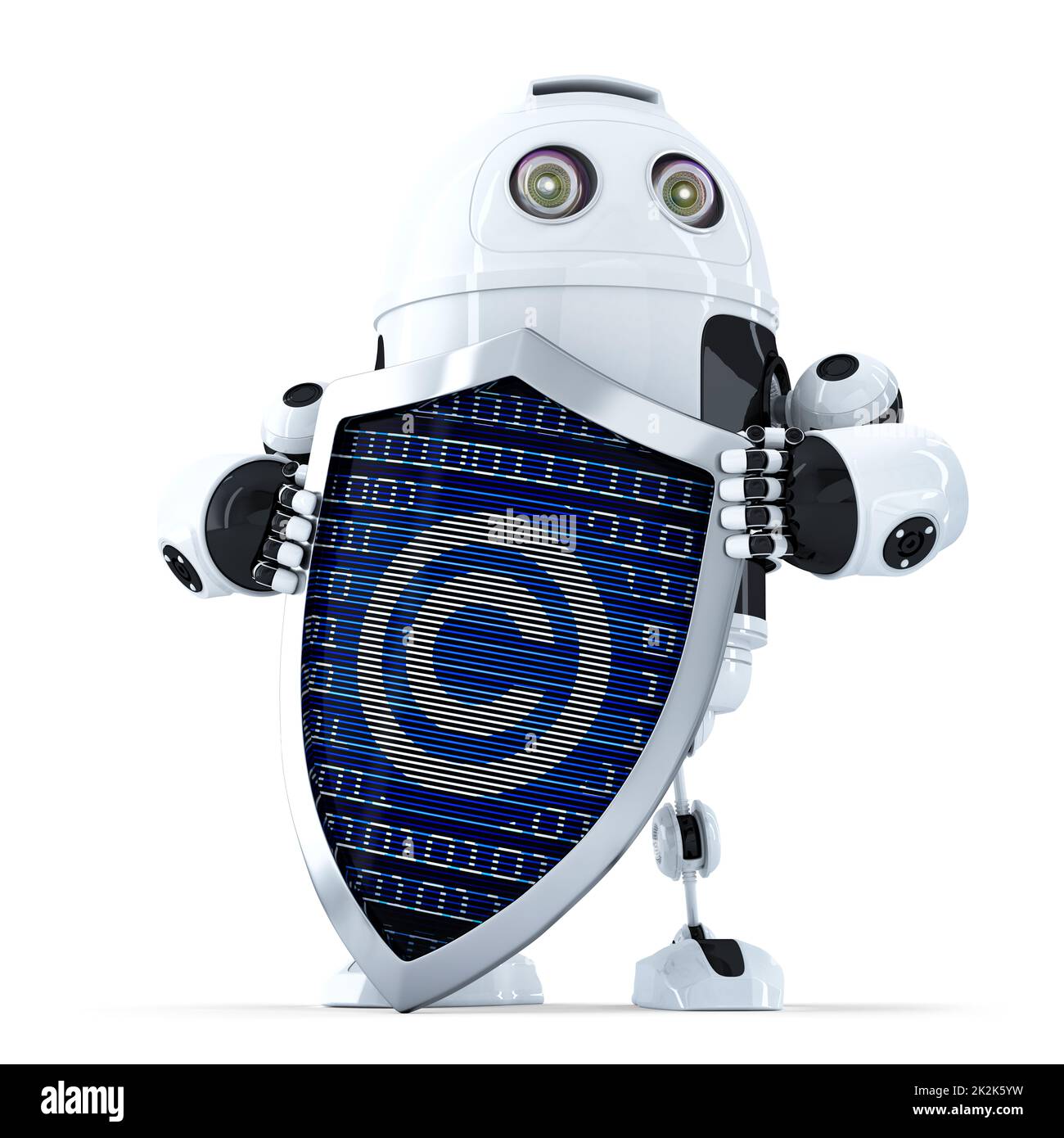 Roboter mit Schild und Copyright-Symbol. Isoliert. Enthält Beschneidungspfad Stockfoto