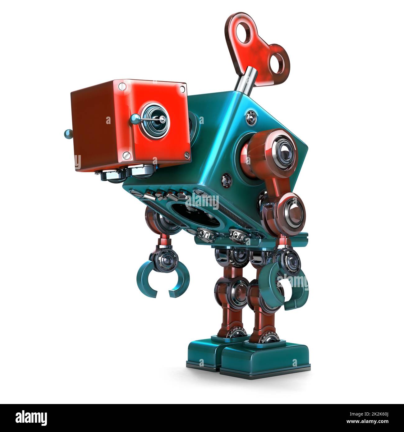 Ein überarbeiteter Roboter mit Schlüssel, der in seinem Rücken steckt. Isoliert. Enthält Beschneidungspfad Stockfoto