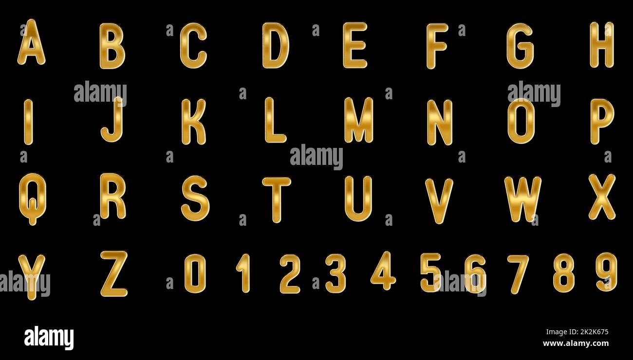 Goldene Großbuchstaben und Zahlen auf schwarzem Hintergrund. 3D Abbildung Stockfoto