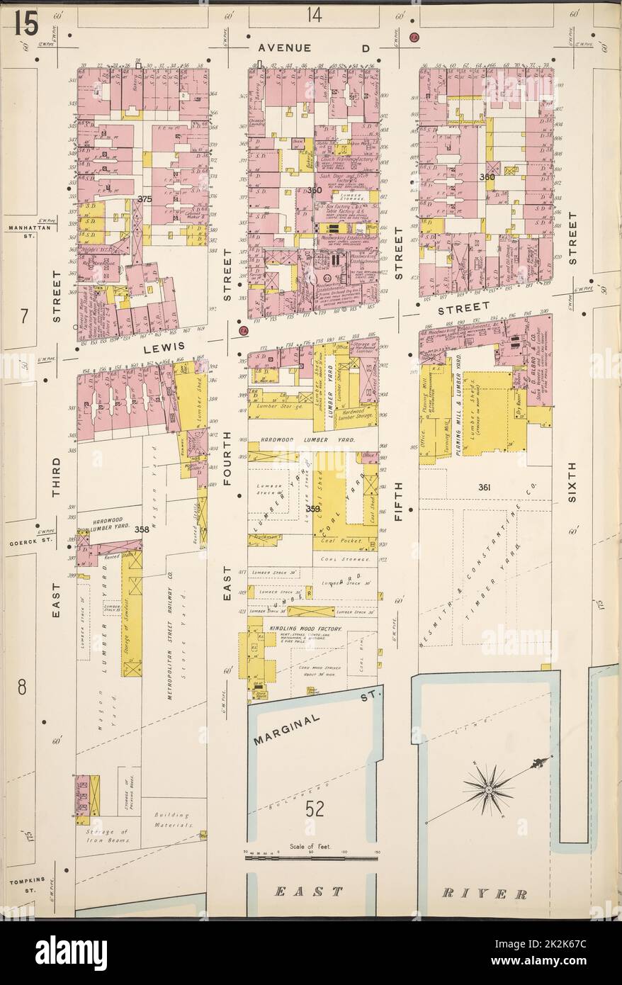 Kartografisch, Karten. 1884 - 1936. Lionel Pincus und Princess Firyal Map Division. Feuerversicherung , New York (Staat), Immobilien , New York (Staat), Städte & Orte , New York (Staat) Manhattan, V. 2, Plate No. 15 Karte begrenzt durch Avenue D, 6. St., Marginal St., E. 3. St. Stockfoto