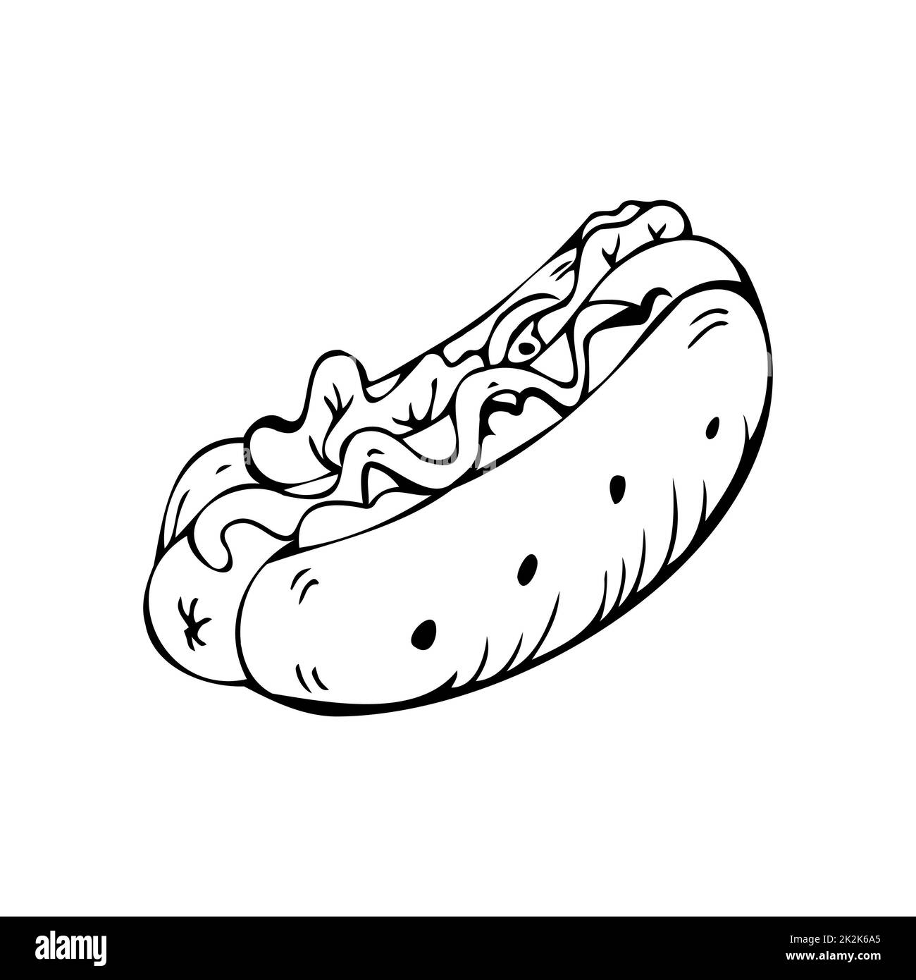 Amerikanischer Hotdog, dünne schwarze Linien auf weißem Hintergrund - Vektor Stockfoto