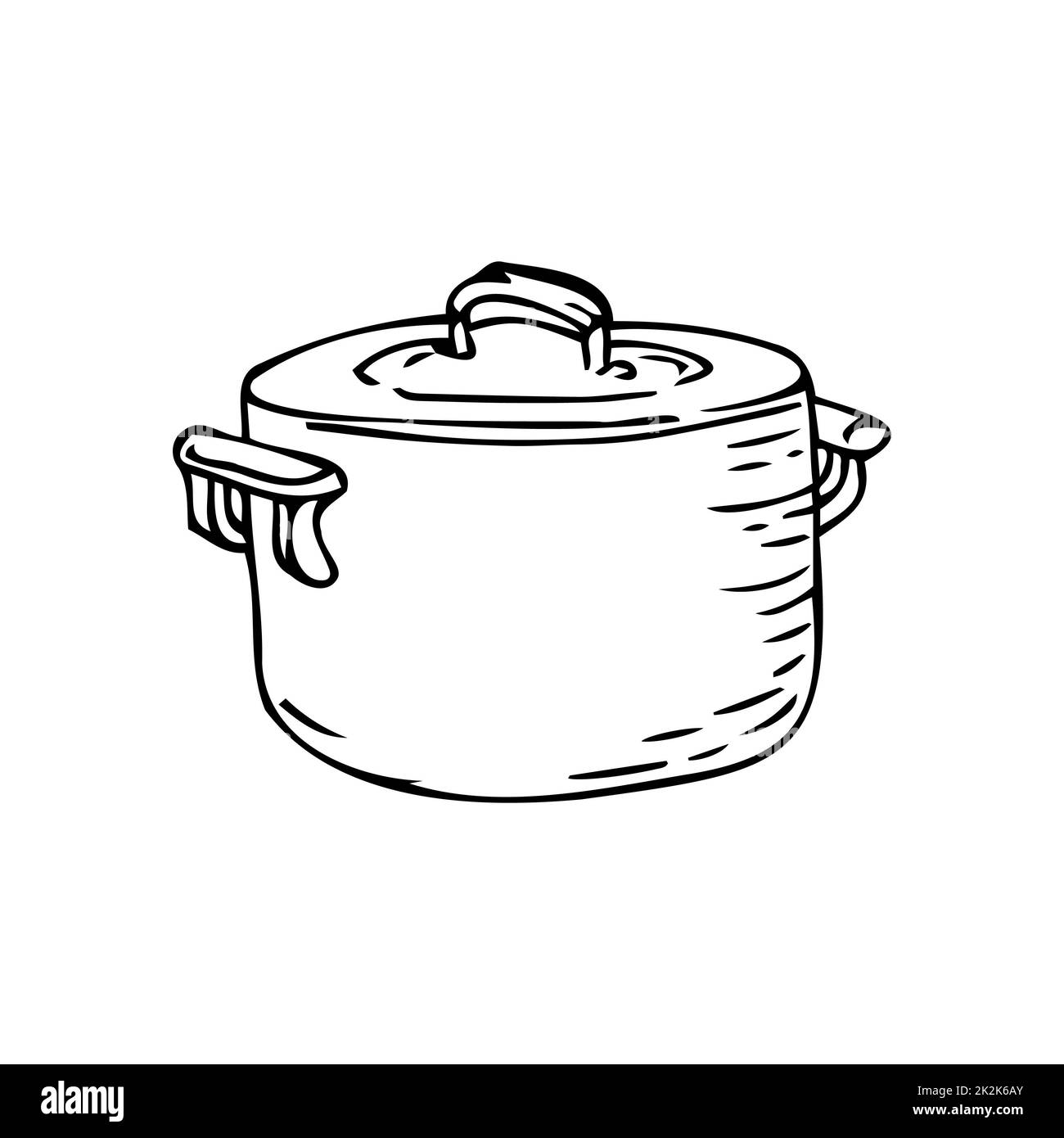 Großer Kochtopf, dünne schwarze Linien auf weißem Hintergrund – Vektor Stockfoto