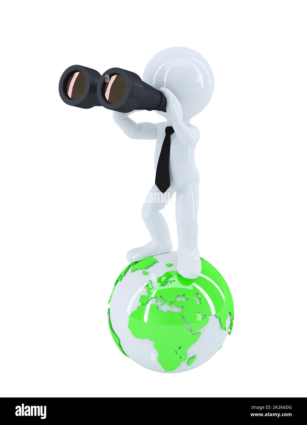 Geschäftsmann mit Fernglas, der auf dem Globus steht Stockfoto