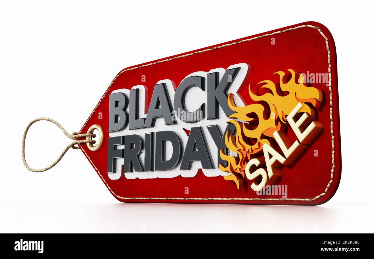 Rotes Black Friday Sale-Tag isoliert auf weißem Hintergrund. 3D Abbildung Stockfoto