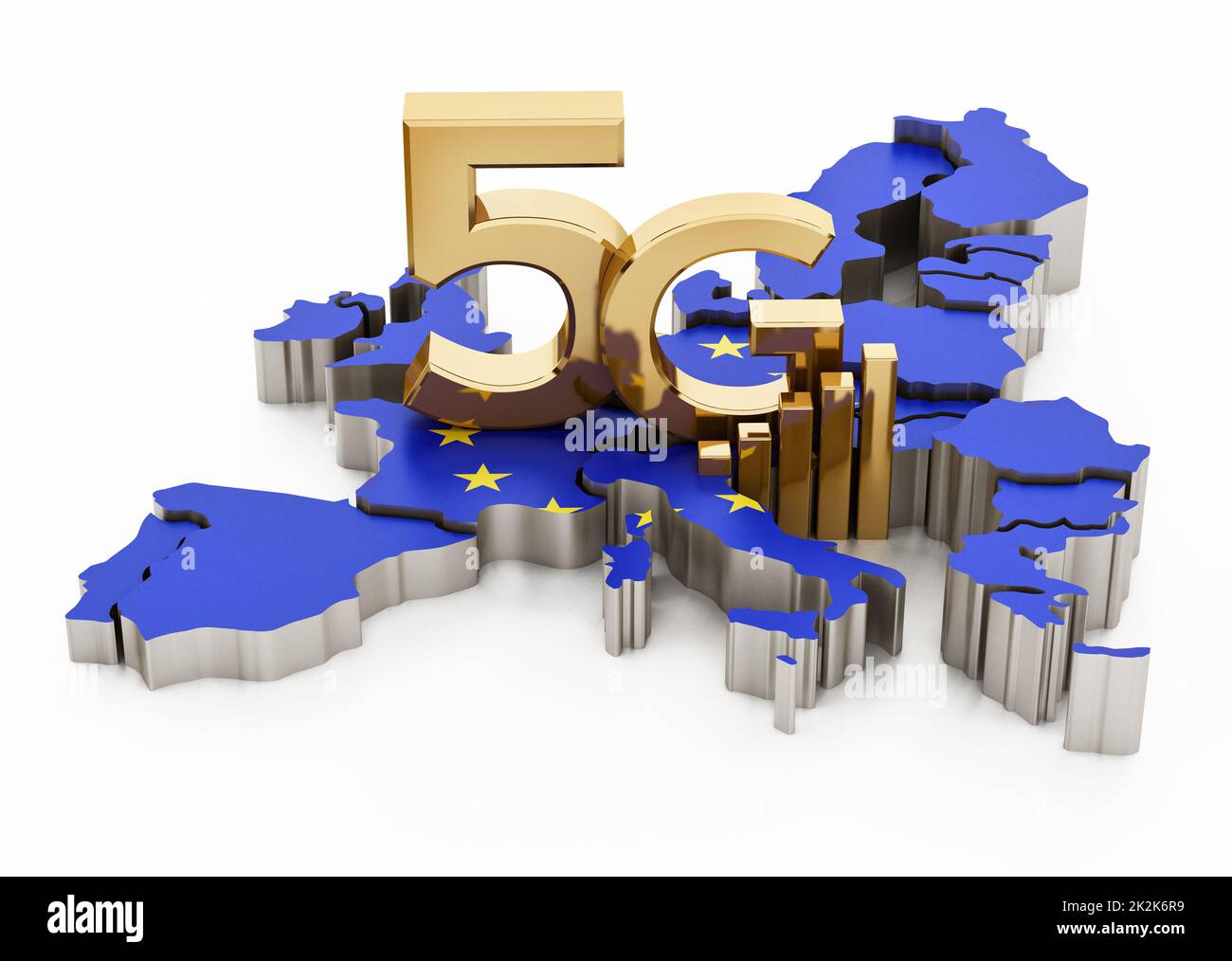 5G Wort, das auf der europäischen Karte steht und unter der Flagge der Europäischen Union geführt wird. 3D Abbildung Stockfoto