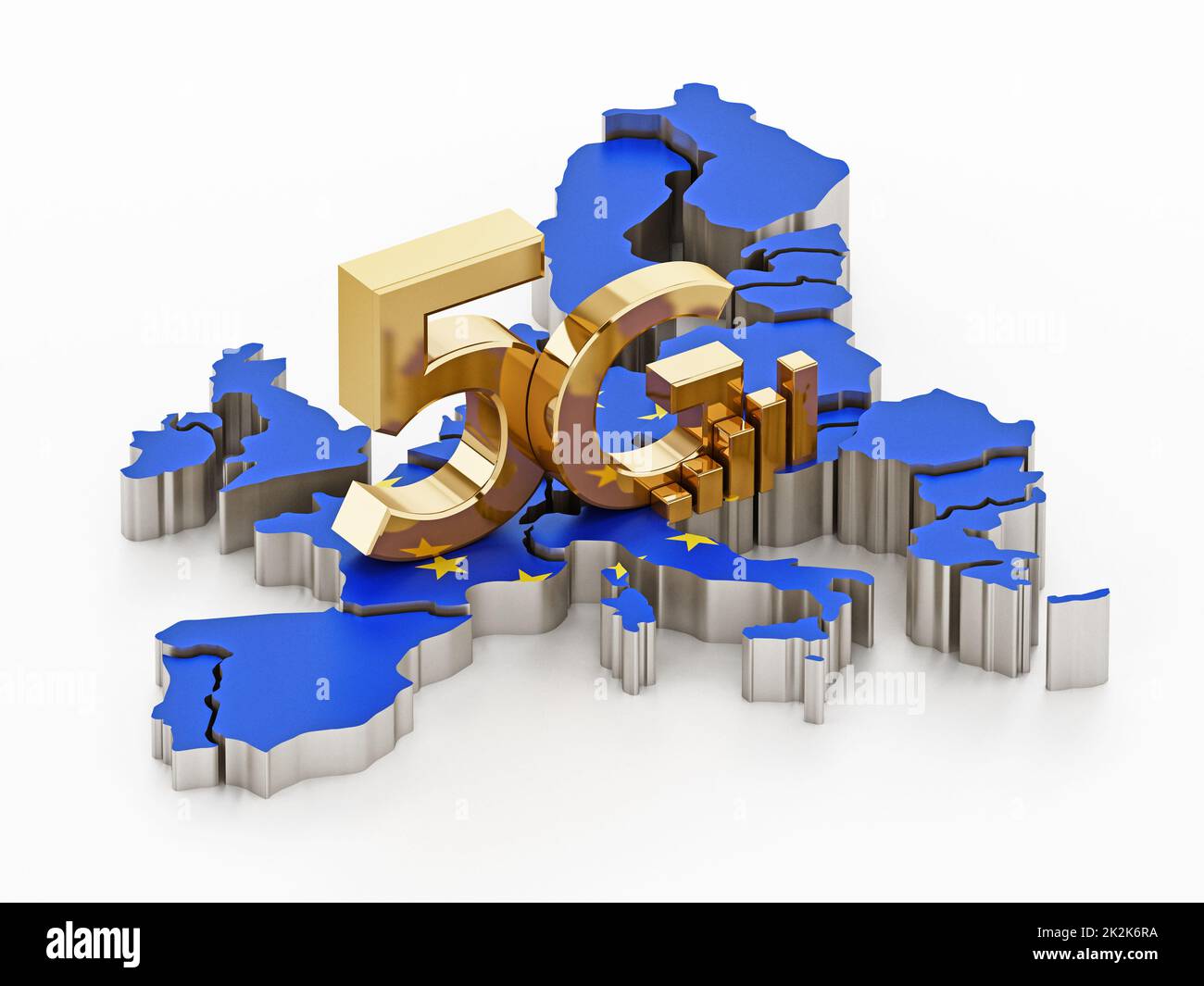 5G Wort, das auf der europäischen Karte steht und unter der Flagge der Europäischen Union geführt wird. 3D Abbildung Stockfoto