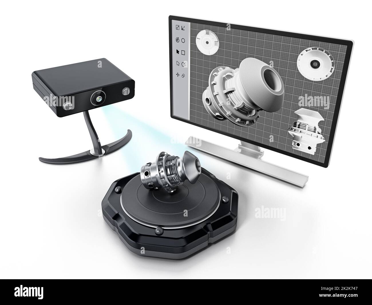 Fiktiver 3D-Scanner isoliert auf weißem Hintergrund. 3D Abbildung Stockfoto