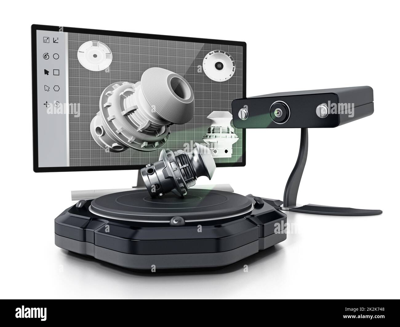 Fiktiver 3D-Scanner isoliert auf weißem Hintergrund. 3D Abbildung Stockfoto