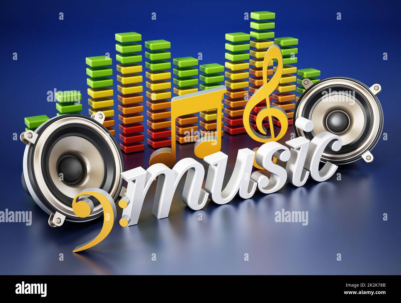 Musikwort, Lautsprecher, Noten und Equalizer. 3D Abbildung Stockfoto