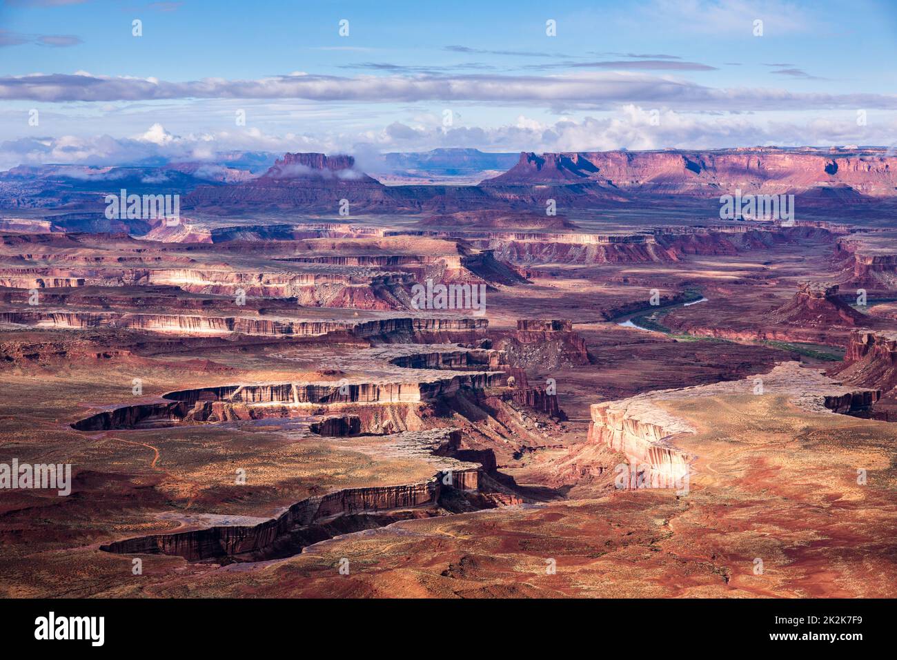 Morgenansicht des Green River Basin im Canyonlands NP, mit den Orange Cliffs im Glen Canyon NRA. Blick vom Green River Overlook. Stockfoto