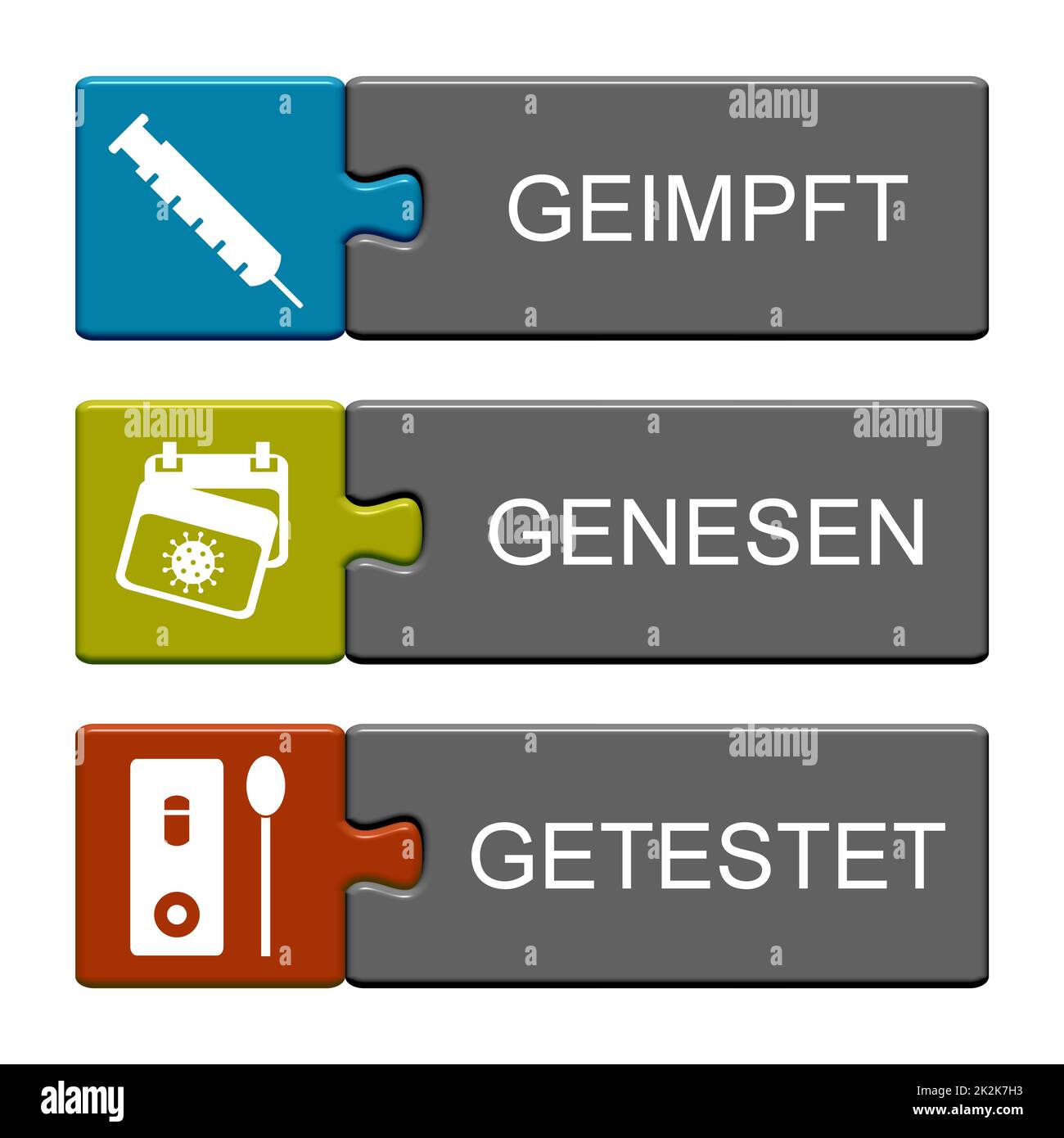 3 Coronavirus Puzzle Knöpfe blau, gelb, rot: Geimpft, genesen und getestet deutsche 3D Illustration Stockfoto 3 Coronavirus Puzzle Knöpfe blau, gelb, rot: Geimpft, genesen und getestet deutsche 3D Illustration Stockfoto