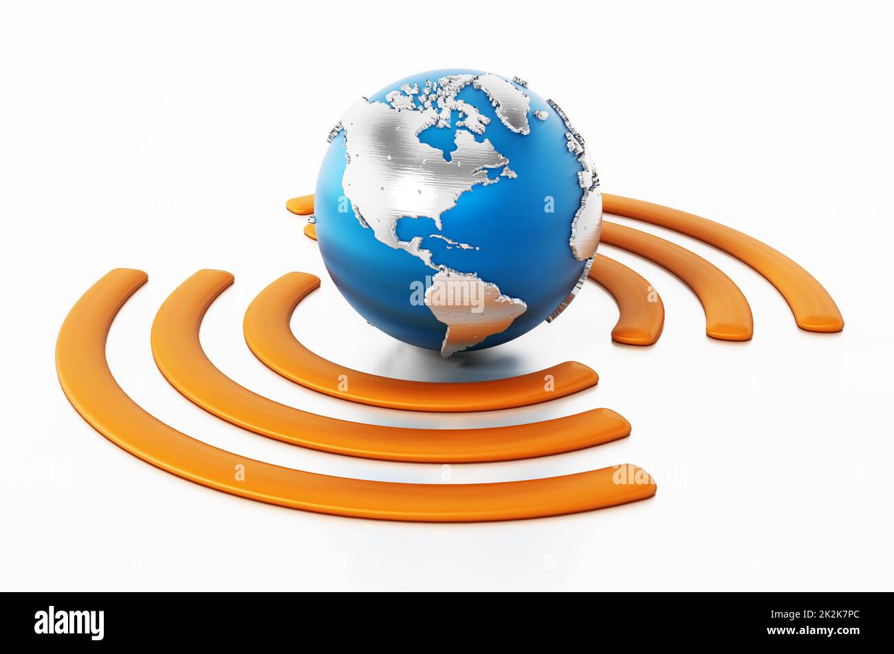 Wireless-Symbol rund um die blaue Erde. 3D Abbildung Stockfoto