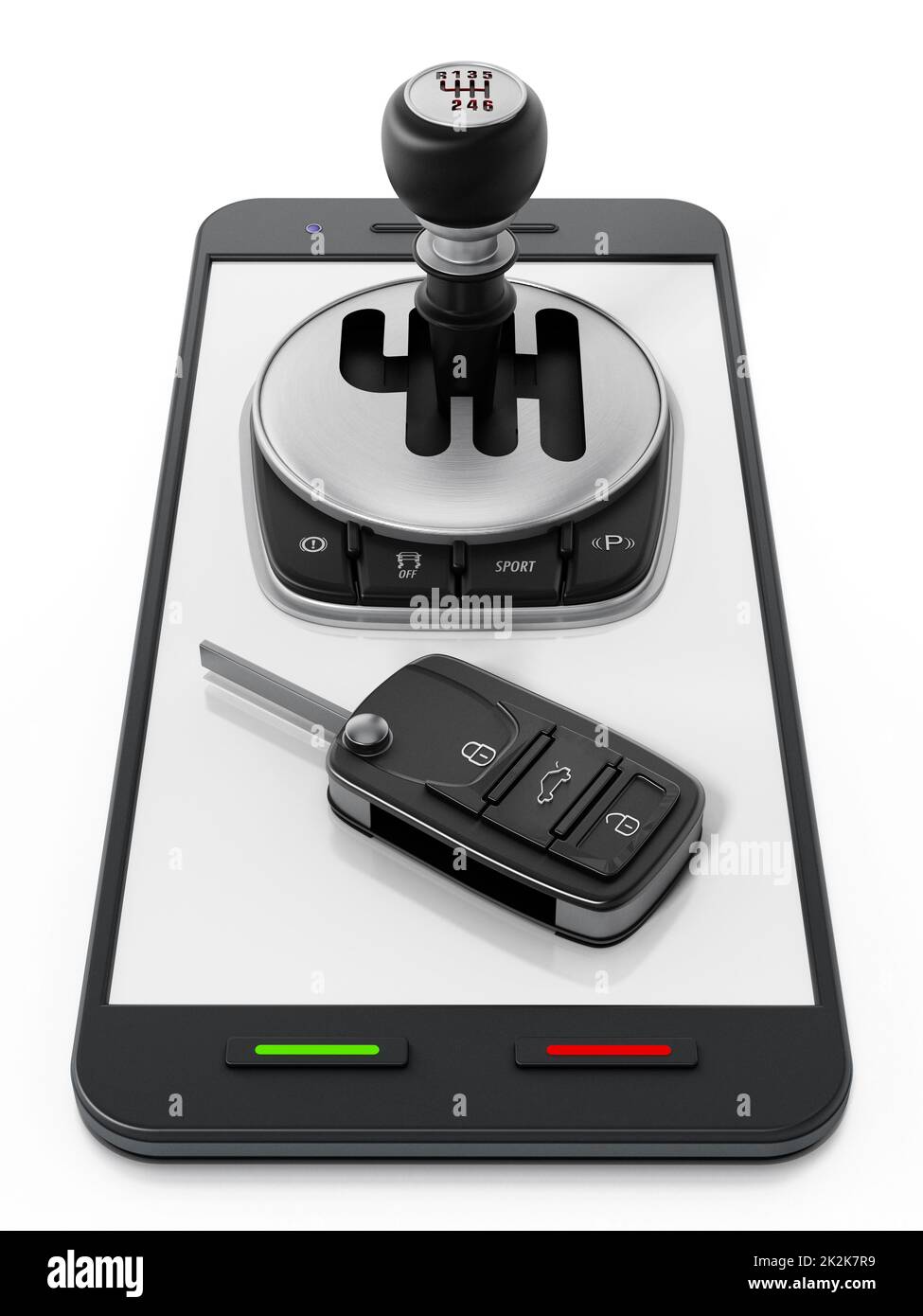 Auto-Schaltgetriebe und Schlüssel stehen auf dem Smartphone. 3D Abbildung Stockfoto
