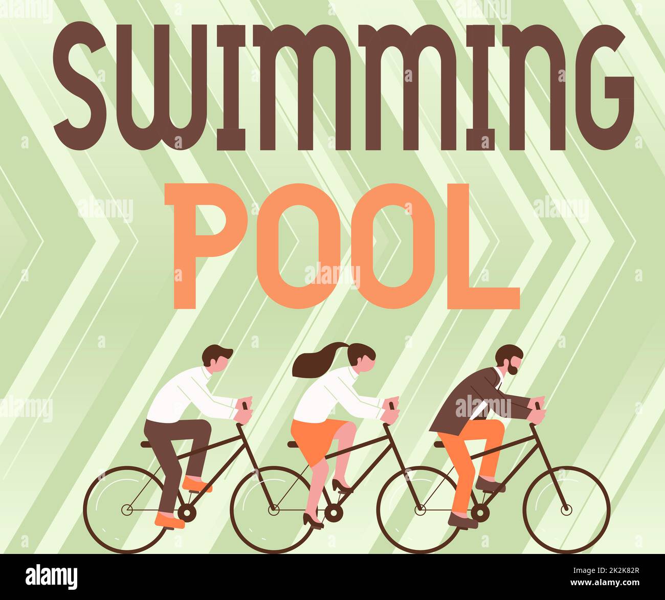 Schild mit Schwimmbad. Konzeptionelle Fotostruktur, die Wasser für Freizeitaktivitäten hält drei Kollegen, die Fahrrad fahren, um erfolgreiche Teamarbeit zu repräsentieren. Stockfoto