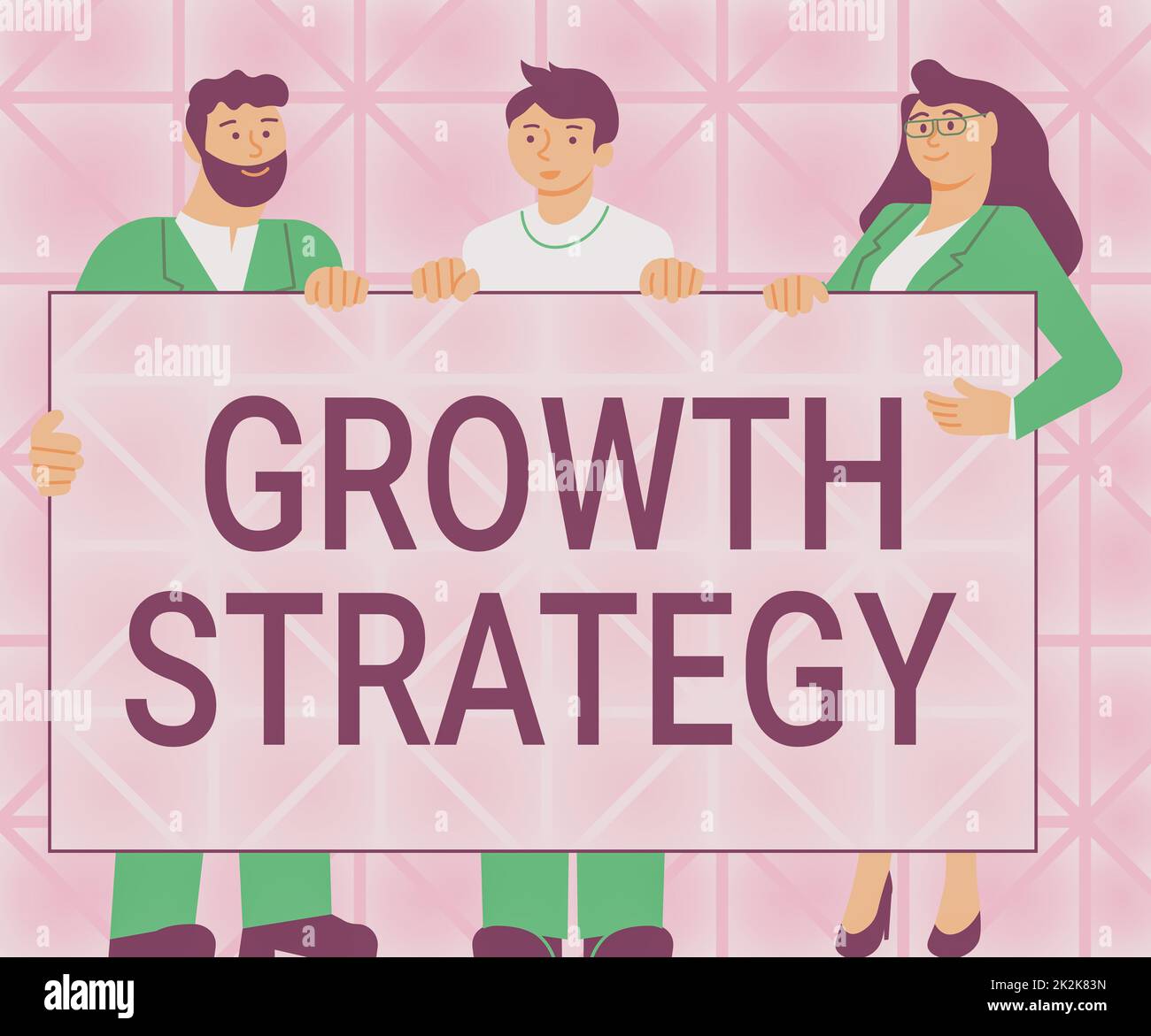 Wachstumsstrategie für handschriftlichen Text. Word for Strategy zielt darauf ab, kurzfristig einen größeren Marktanteil zu gewinnen. Drei Mitarbeiter halten das Präsentationsboard und zeigen neue Ideen. Stockfoto