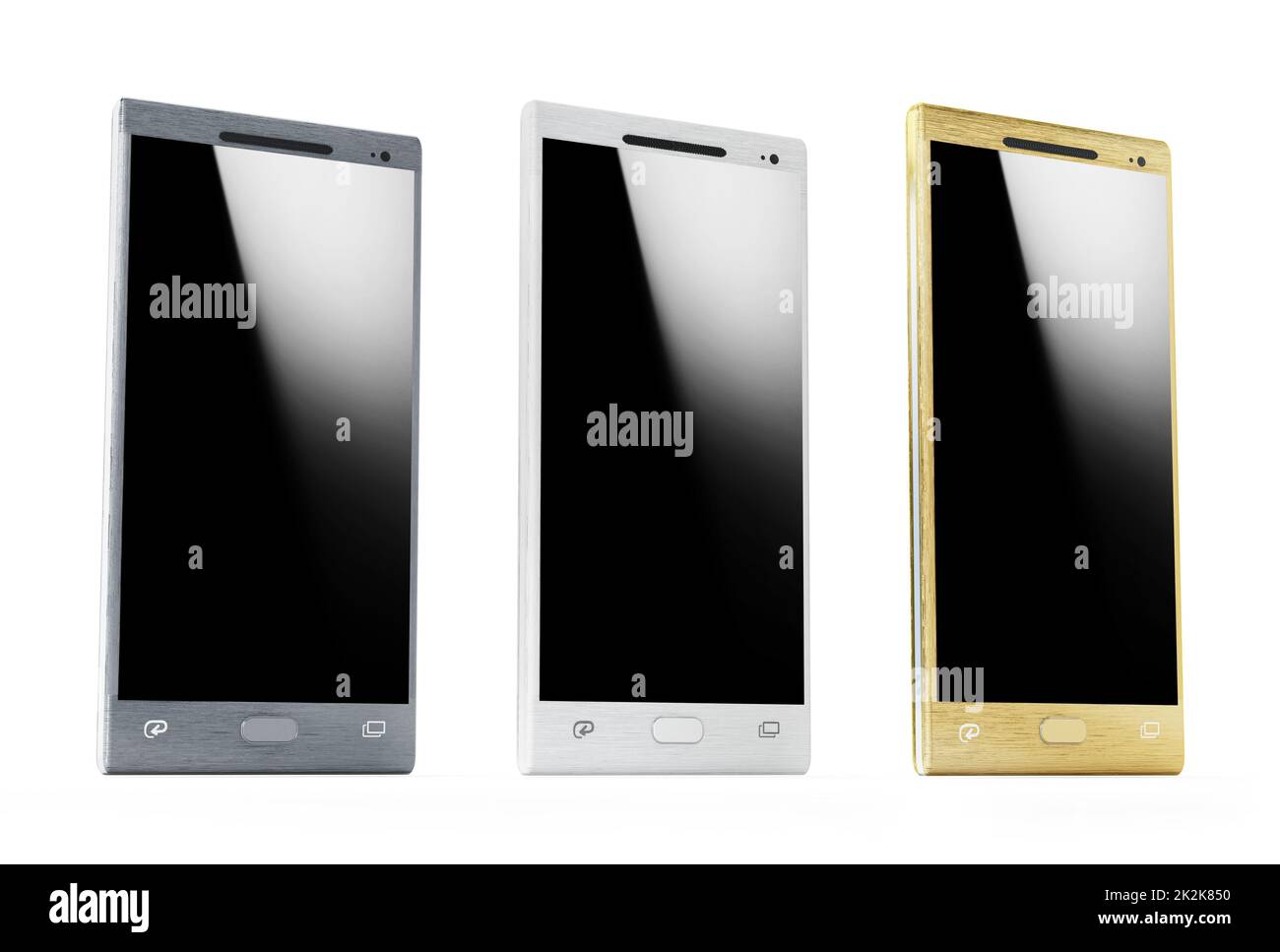 Drei Smartphones mit leeren Bildschirmen. 3D Abbildung Stockfoto