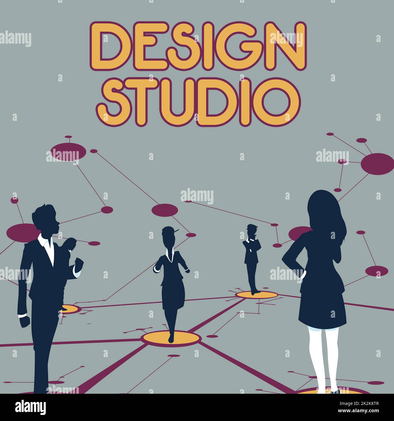 Textzeichen mit Design Studio. Arbeitsumgebung für Geschäftsideen für Designer und Kunsthandwerker, die mehrere Teammitglieder zusammenstellen, die getrennte, vernetzte Linien auf dem Boden bilden. Stockfoto