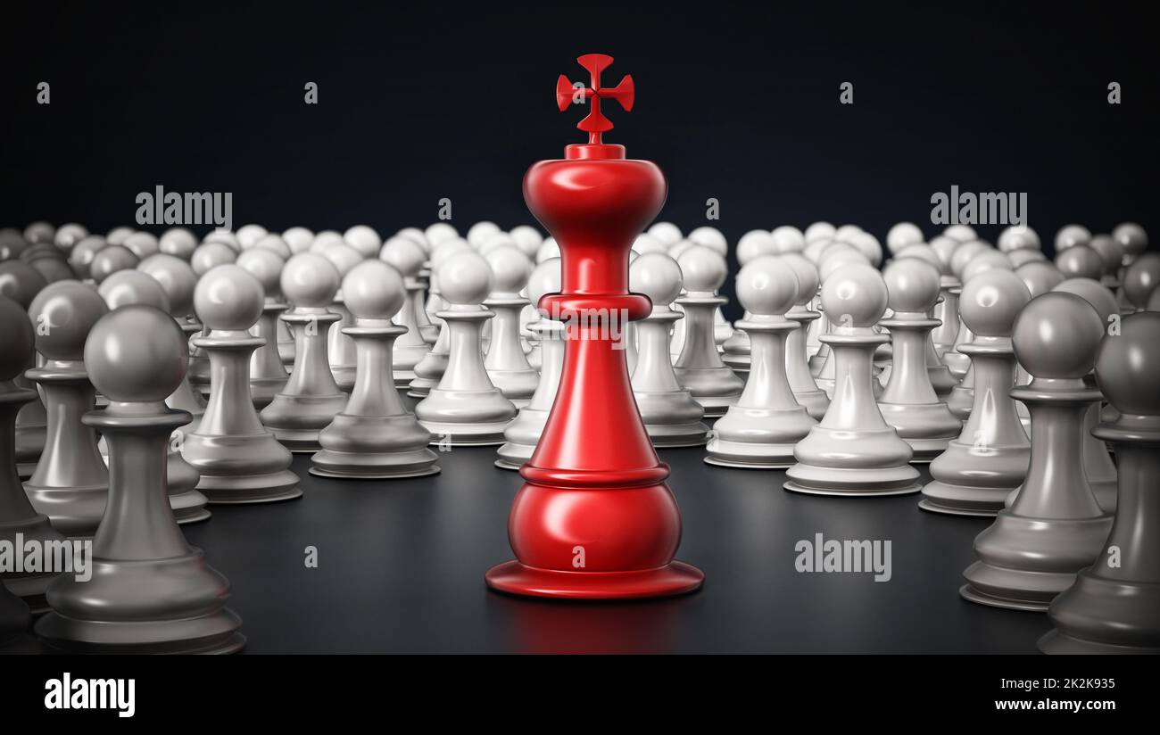 Roter Schachkönig, der zwischen weißen Bauern steht. 3D Abbildung Stockfoto