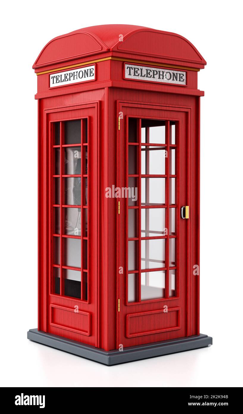 Rote britische Telefonzelle isoliert auf weißem Hintergrund. 3D Abbildung Stockfoto