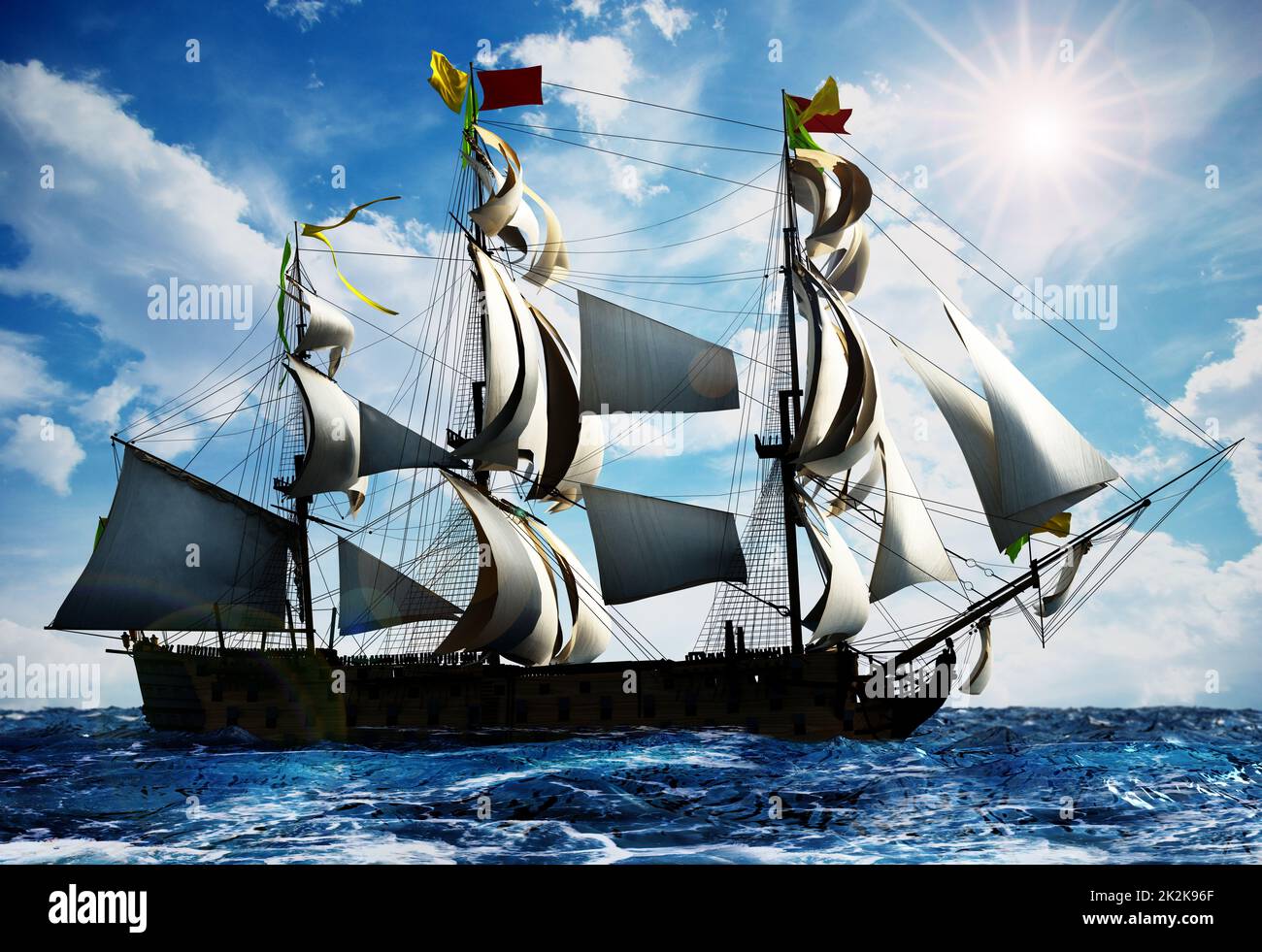 Klassisches Segelschiff auf dem Meer unter klarem Himmel. 3D Abbildung Stockfoto