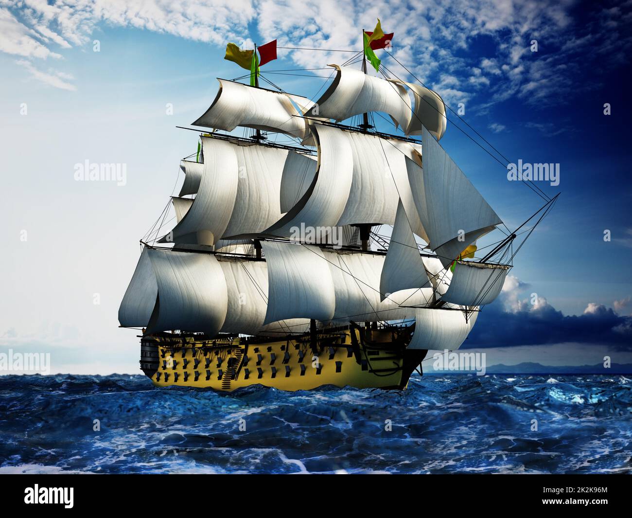 Klassisches Segelschiff auf dem Meer unter klarem Himmel. 3D Abbildung Stockfoto