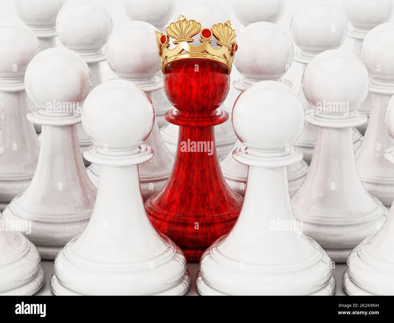 Roter Schachbauer mit goldener Krone, der sich zwischen weißen Bauern erhebt. 3D Abbildung Stockfoto