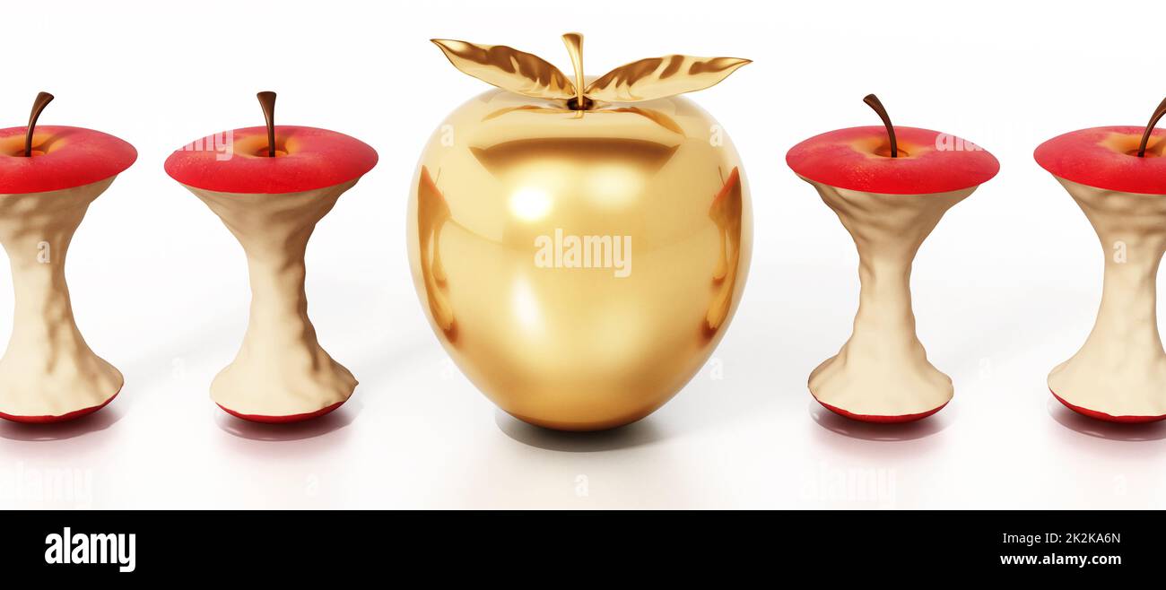 Goldener Apfel, der zwischen den Apfelkernen steht. 3D Abbildung Stockfoto