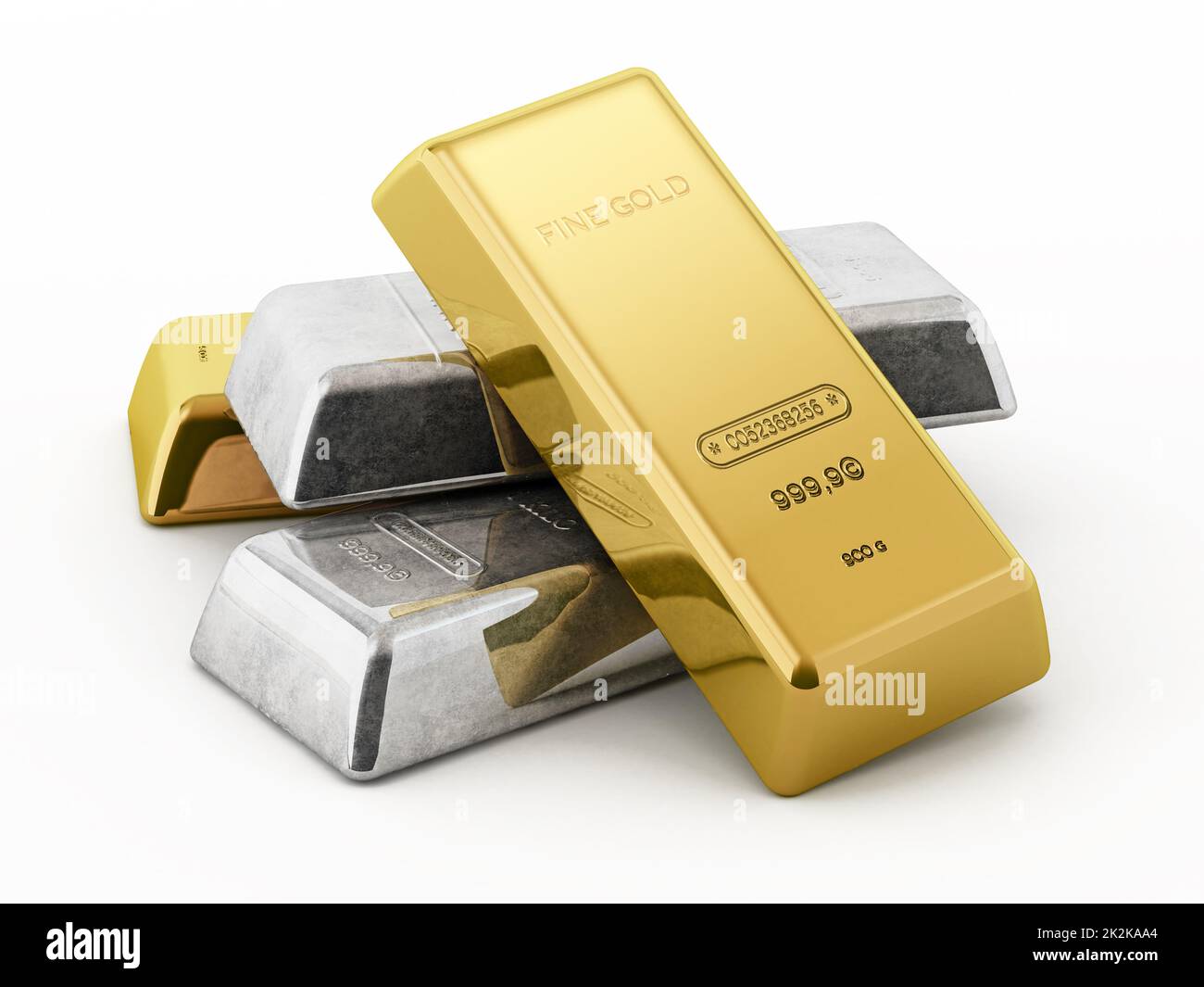Gold- und Silberbarren auf weißem Hintergrund isoliert. 3D Abbildung Stockfoto